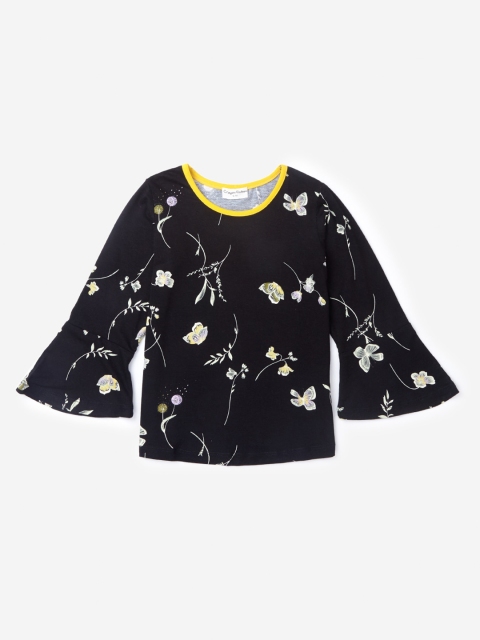 

Hopscotch Girls Black & Yellow Floral Printed Pure Cotton T-shirt