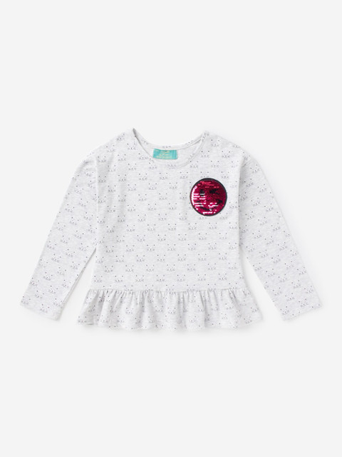 

Hopscotch Grey Melange Print Cotton Blend Cinched Waist Top
