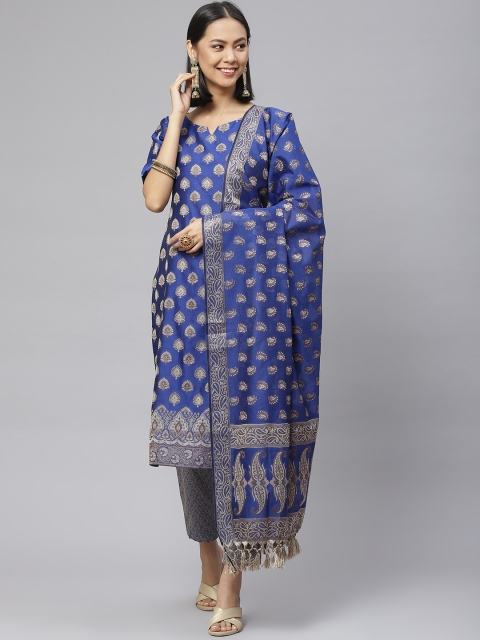 

BharatSthali Women Blue & Silver Banarasi Woven Design Unstitched Kurta Set Material