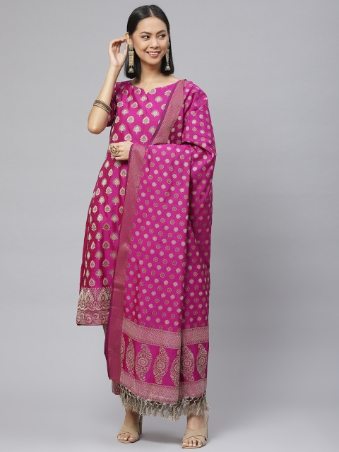 

BharatSthali Magenta & Golden Woven Design Unstitched Banarasi Dress Material