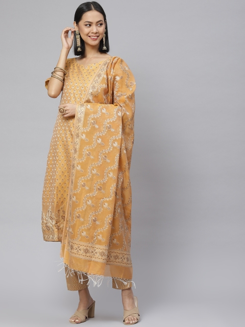 

BharatSthali Orange & Silver Banarasi Woven Design Unstitched Kurta Set Material