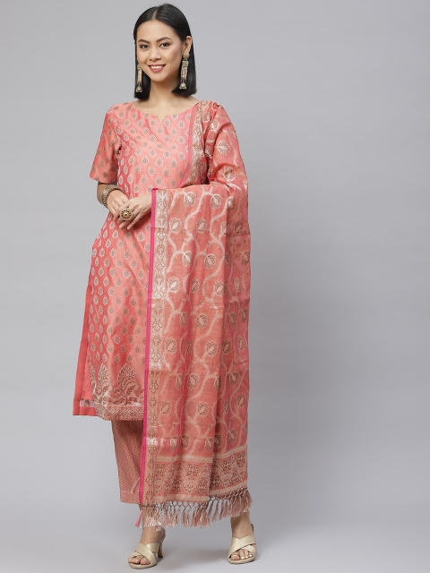 

BharatSthali Pink & Golden Woven Design Unstitched Banarasi Dress Material