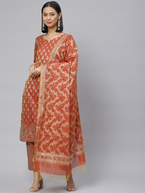 

BharatSthali Rust & Golden Banarasi Woven Design Unstitched Kurta Set Material