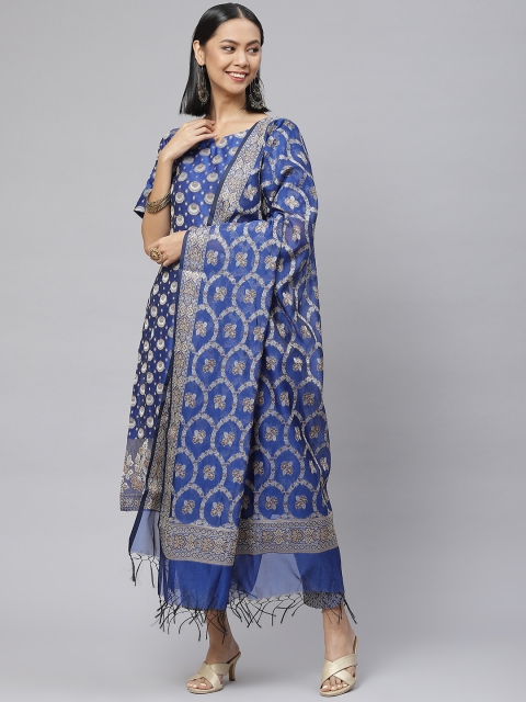 

BharatSthali Blue & Silver Woven Design Unstitched Banarasi Dress Material