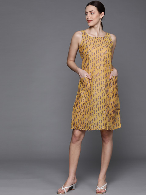 

PINKSKY Mustard Yellow & Brown Animal Print A-Line Dress
