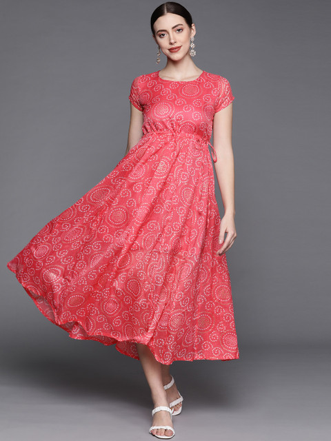 

PINKSKY Pink & White Bandhani Print A-Line Midi Dress