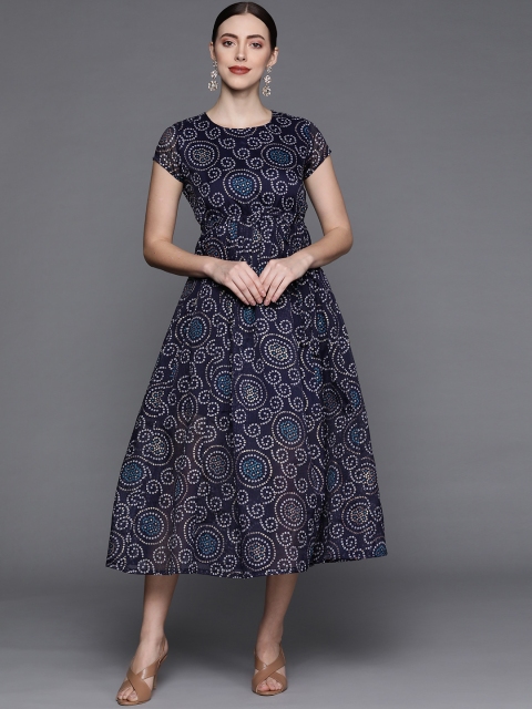 

PINKSKY Navy Blue & White Bandhani Print A-Line Midi Dress