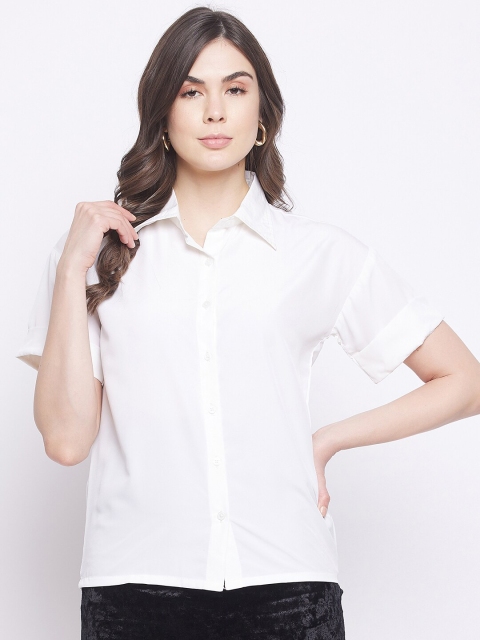 

STALK White Roll-Up Sleeves Crepe Shirt Style Top