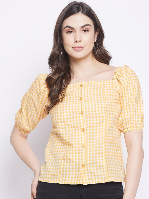 

STALK Yellow & White Checked Puff Sleeve Top