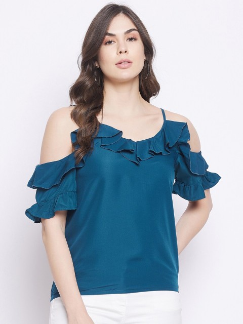 

STALK Blue Cold-Shoulder Sleeves Ruffled Top