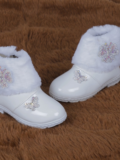 

FEETWELL SHOES Girls White Embellished High-Top Flat Boots