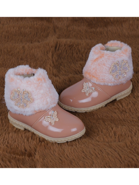 

FEETWELL SHOES Girls Peach-Coloured Printed High-Top Flat Boots