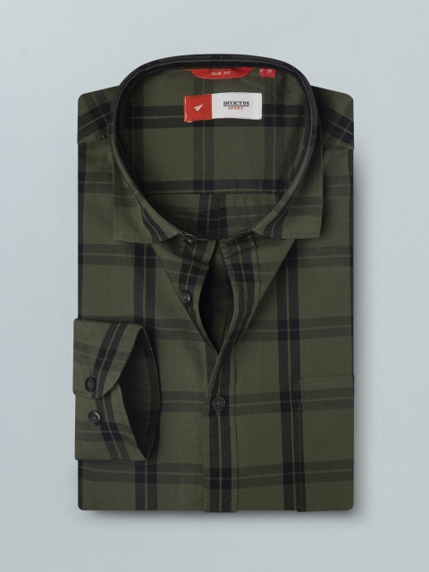 

INVICTUS Men Olive Green & Black Checked Pure Cotton Slim Fit Casual Shirt