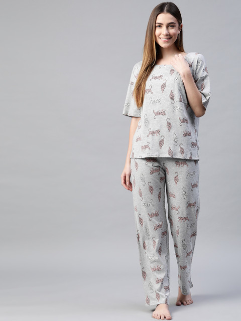 

Marks & Spencer Women Grey Melange & Pink Printed Night suit