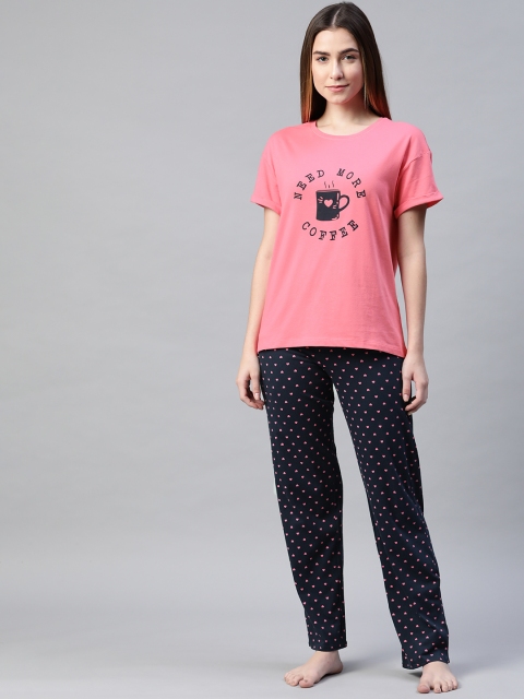 

Marks & Spencer Women Pink & Navy Blue Printed Cotton Night suit