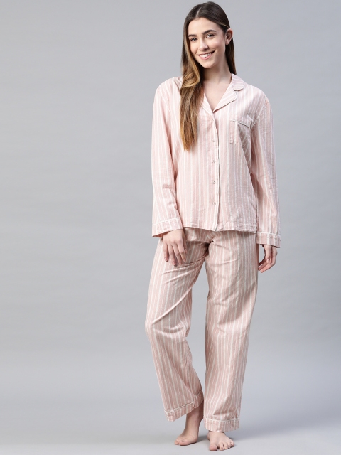 

Marks & Spencer Women Pink & White Striped Cotton Night suit