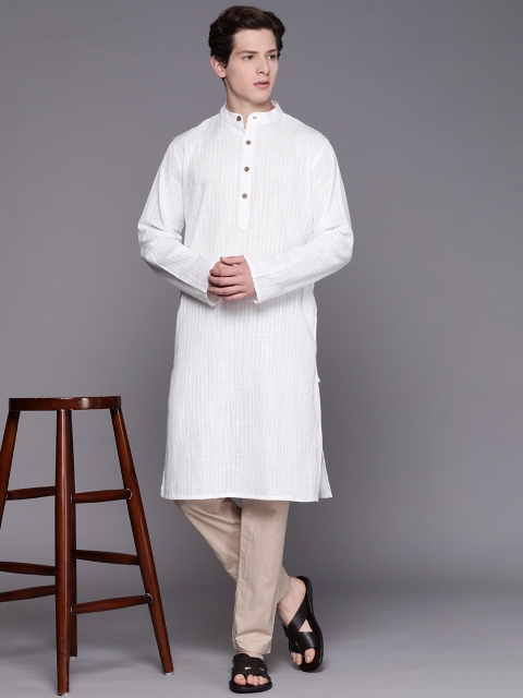 

Fabindia Men White Striped Cotton Slim Dobby Kurta