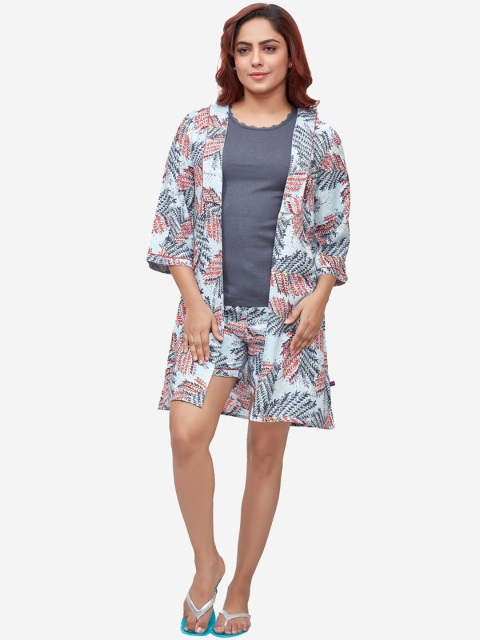 

July Nightwear Women Pack Of 3 Blue Printed Night Suit With Shrug