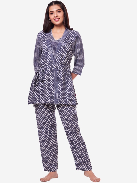 

July Nightwear Women Blue Printed Cozy Cottage Shrug Set Night suit