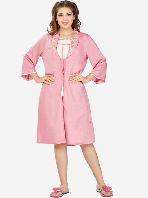

July Nightwear Women Pink & White Striped Night suit with Shrug
