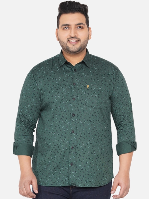 

John Pride Men Plus Size Green Printed Cotton Casual Shirt
