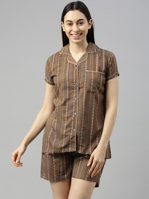 

GOLDSTROMS Women Coffee Brown Striped Night suit