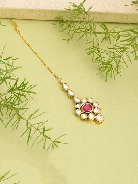 

Tistabene Gold Plated Red & White Kundan-Studded Meena Traditional Maang Tikka