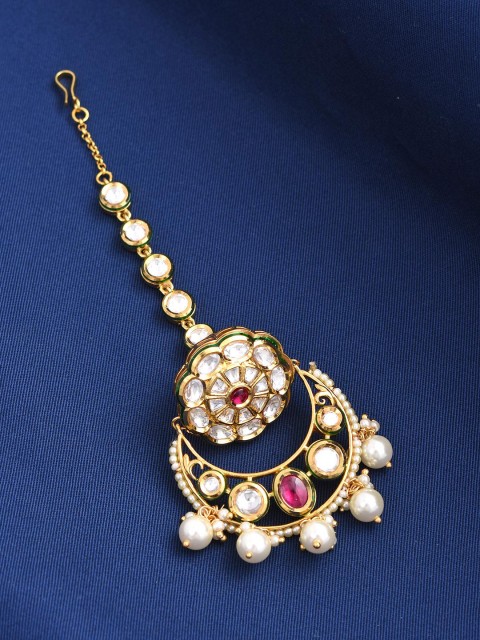 

Tistabene Gold-Plated & Red Traditional Kundan Meena Studded Borla Maang Tikka