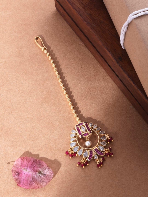 

Tistabene Gold-Plated White & Red Stone Studded Maang Tikka