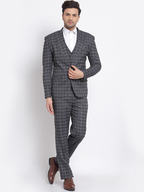 

Klotthe Men Grey Checked Single-Breasted Three-Piece Party Suit