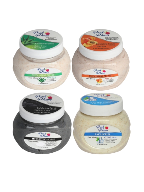 

Pink Plums Set of 4 Aloevera Apricot Charcoal Ice Cool Mint Face & Body Exfoliating Scrub, Multi