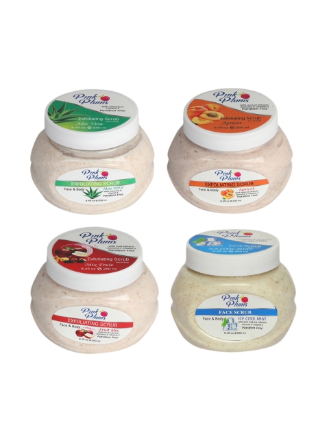

Pink Plums Aloevera-Apricot-Fruit Mix-Ice Cool Mint Face & Body Exfoliating Scrub 1000 ml, Beige