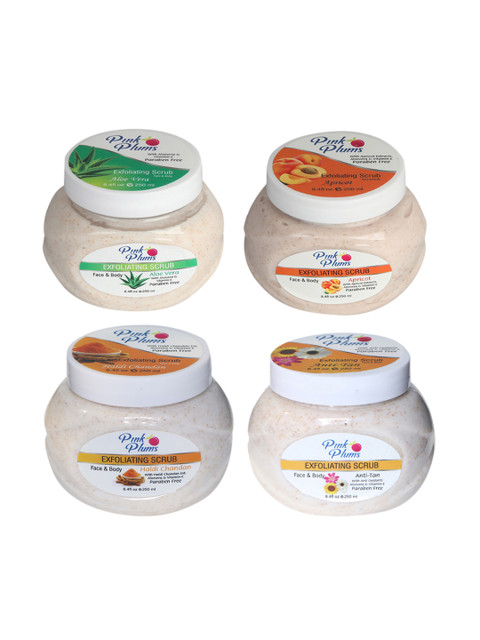 

Pink Plums Set of 4 Aloevera Apricot Haldi Chandan Anti Tan Face & Body Exfoliating Scrub, Multi