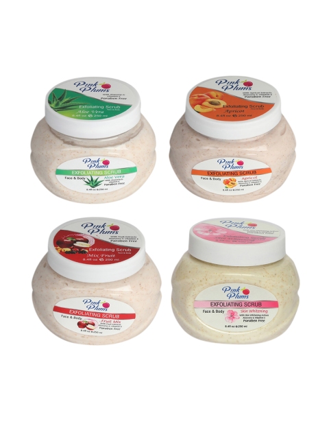 

Pink Plums Set of 4 Aloevera Apricot Fruit Mix Skin Whitening Face & Body Scrubs, Off white