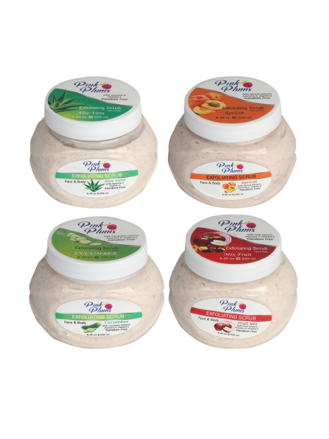 

Pink Plums Aloevera-Apricot-Fruit Mix-Cucumber Face & Body Exfoliating Scrubs 1000 ml, Off white