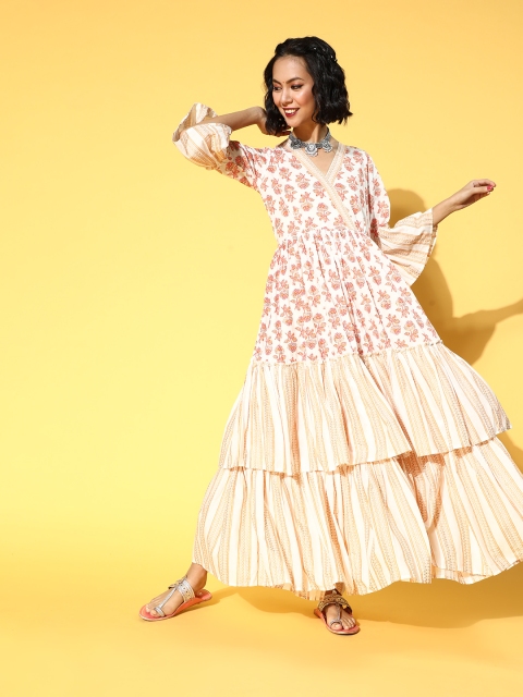 

mokshi Women Classic White Floral Tiered Dress