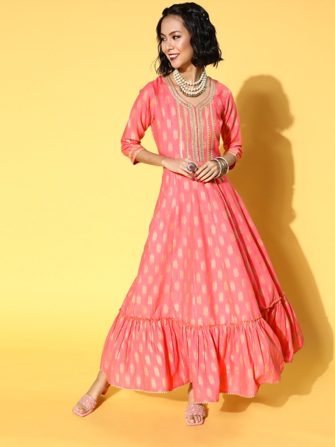 

mokshi Women Pretty Pink Ethnic Motifs Festive Gown