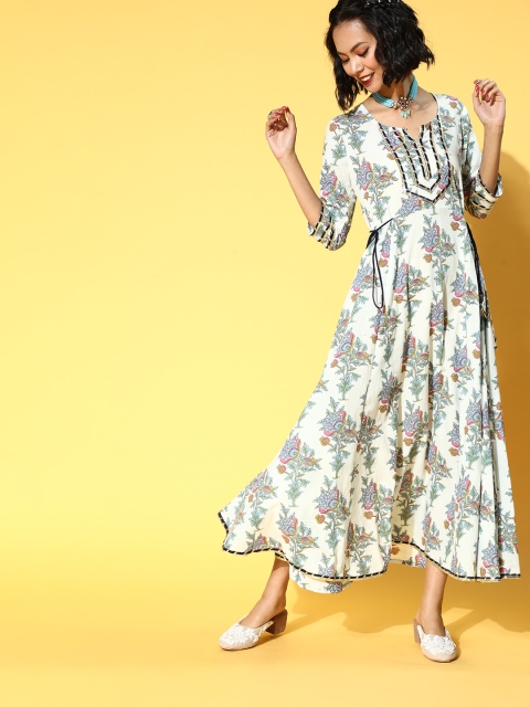 

mokshi Women Elegant Cream Ethnic Motifs Romantic Florals Dress