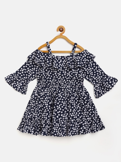 

Bella Moda Navy Blue & White Floral Printed Pure Cotton A-Line Dress