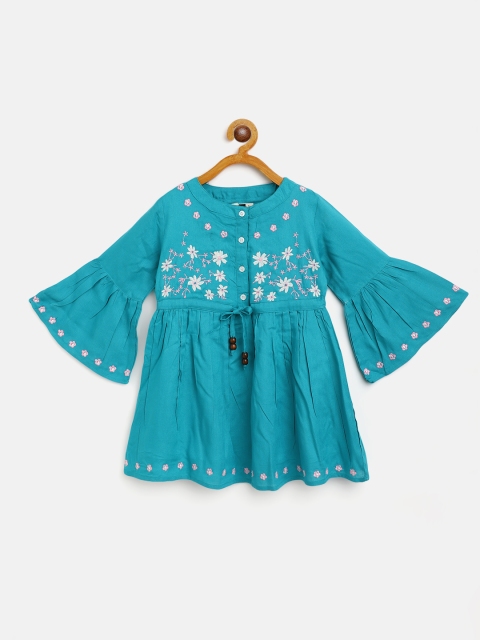 

Bella Moda Blue Floral Embroidered Pure Cotton A-Line Dress