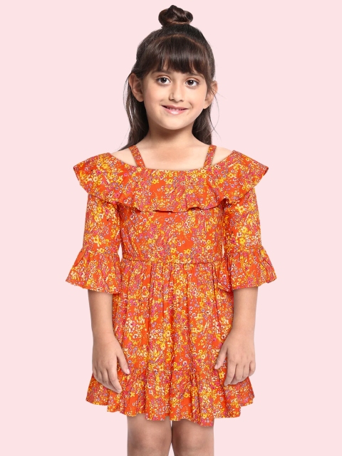

Bella Moda Orange Floral Printed Pure Cotton Dress