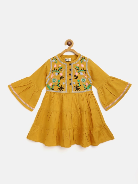 

Bella Moda Mustard Yellow Floral Embroidered Dress