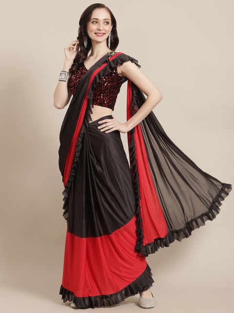 

Mitera Black & Red Colourblocked Sequinned Ready to Wear Saree