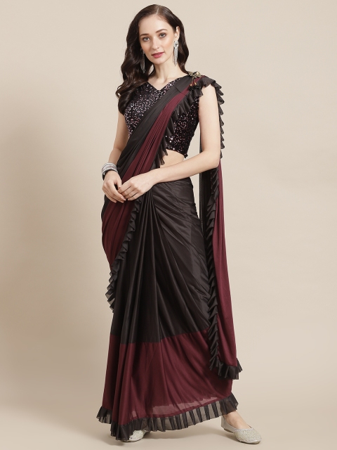 

Mitera Coffee Brown & Maroon Colourblocked Sequinned Ready to Wear Saree