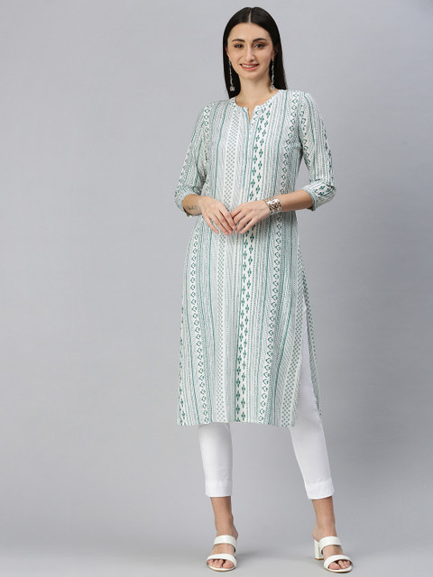 

ETIQUETTE Women White & Green Geometric Printed Liva Kurta