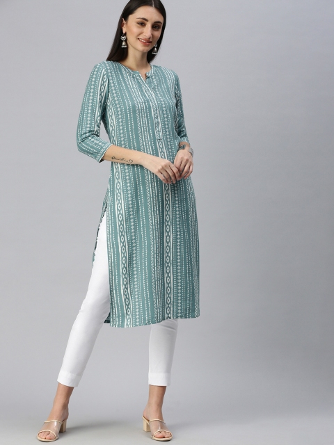 

ETIQUETTE Women Blue & White Geometric Printed Liva Kurta