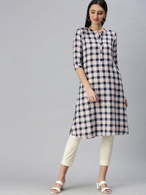 

ETIQUETTE Women Navy Blue & White Checked Kurta