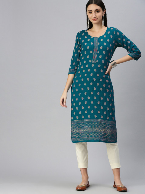 

ETIQUETTE Women Teal Green & White Ethnic Motifs Embroidered Kurta