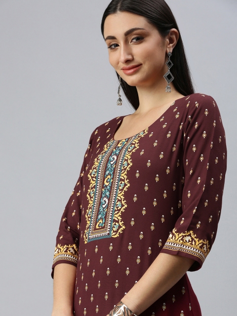 

ETIQUETTE Women Maroon & Yellow Ethnic Motifs Printed Kurta