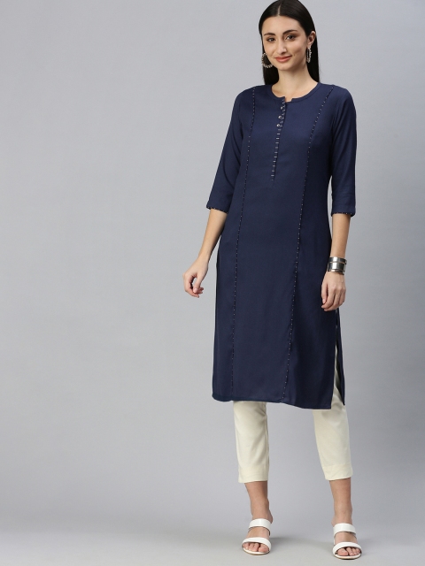 

ETIQUETTE Women Navy Blue Solid Kurta
